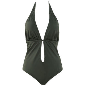 Women's Sexy Basic Front Deep V Open Back One Piece Swimsuit