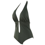 Women's Sexy Basic Front Deep V Open Back One Piece Swimsuit